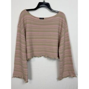 Nasty Gal Women Sweater L Pink‎ Striped Cropped Ruffle Bell Sleeve Knit Top